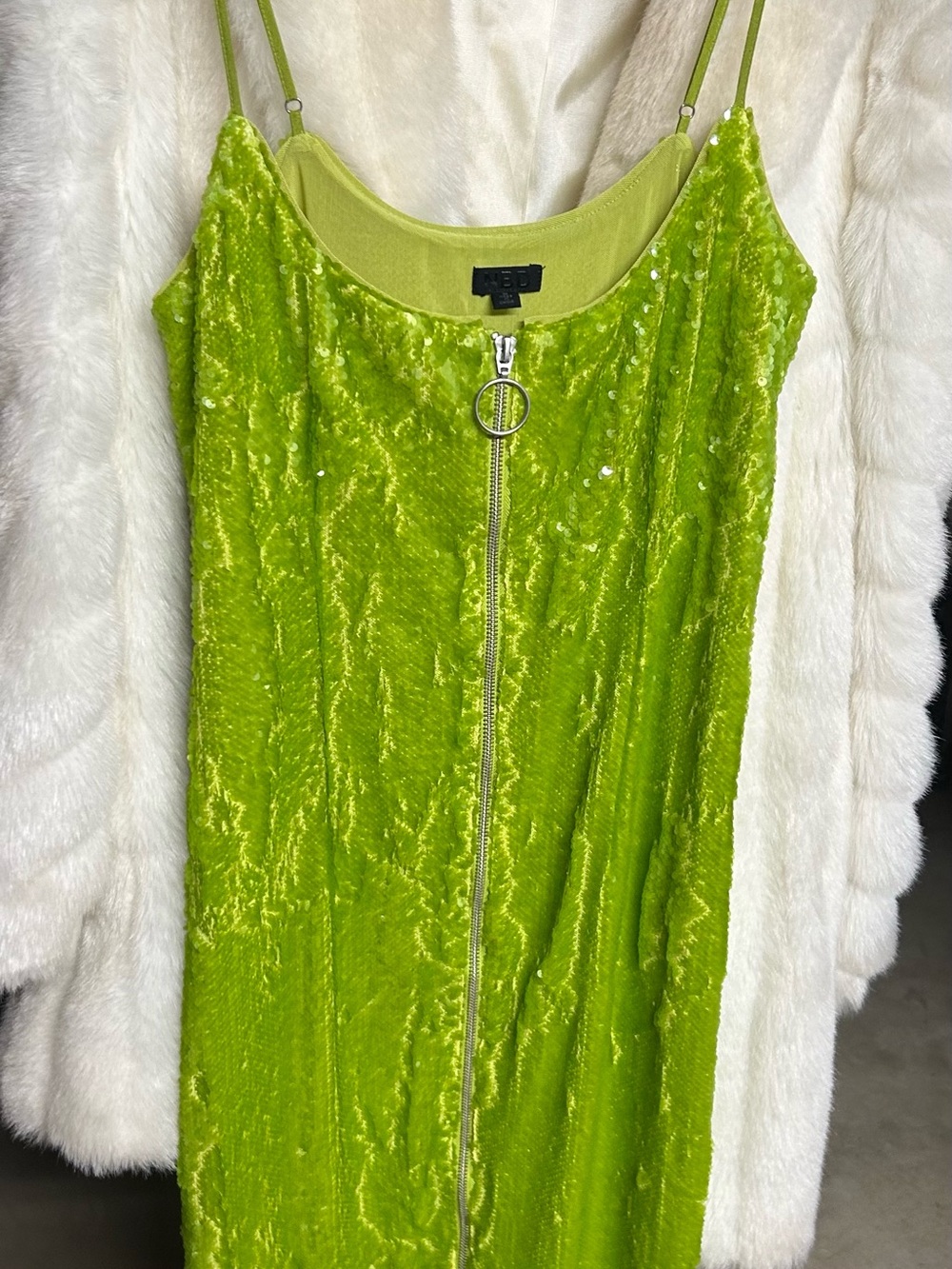 NBD Lime Green Velvet Zip-Front Midi Slip Dress